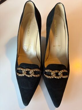 Bruno Magli Black Suede Pointed Pumps with Crystal Chain Link vintage beauties